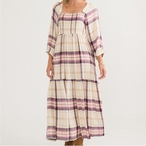 Marine Layer Ivy Smocked Dress Cream Rose Plaid Size Small Peasant Cottagecore
